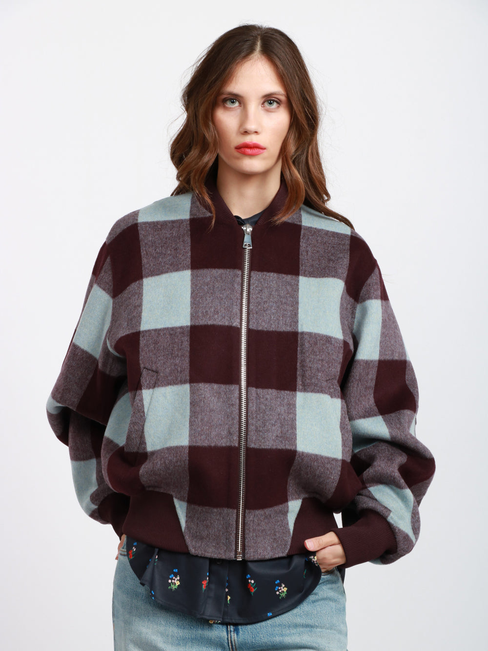 ESSENTIEL ANTWERP Bomber Iti in Lana Check Viola e Celeste Cielo/viola