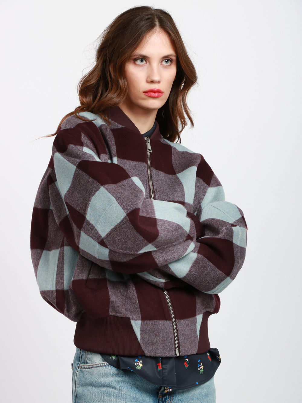 ESSENTIEL ANTWERP Bomber Iti in Lana Check Viola e Celeste Cielo/viola