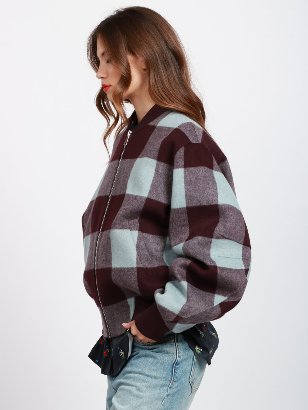 ESSENTIEL ANTWERP Bomber Iti in Lana Check Viola e Celeste Cielo/viola