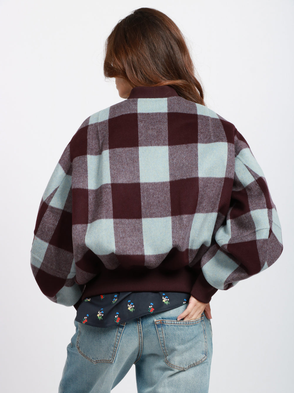 ESSENTIEL ANTWERP Bomber Iti in Lana Check Viola e Celeste Cielo/viola