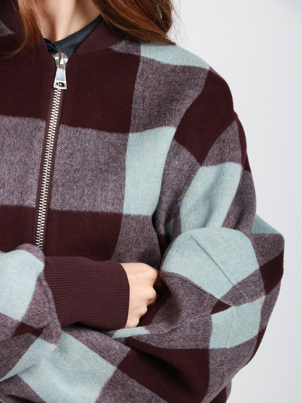 ESSENTIEL ANTWERP Bomber Iti in Lana Check Viola e Celeste Cielo/viola