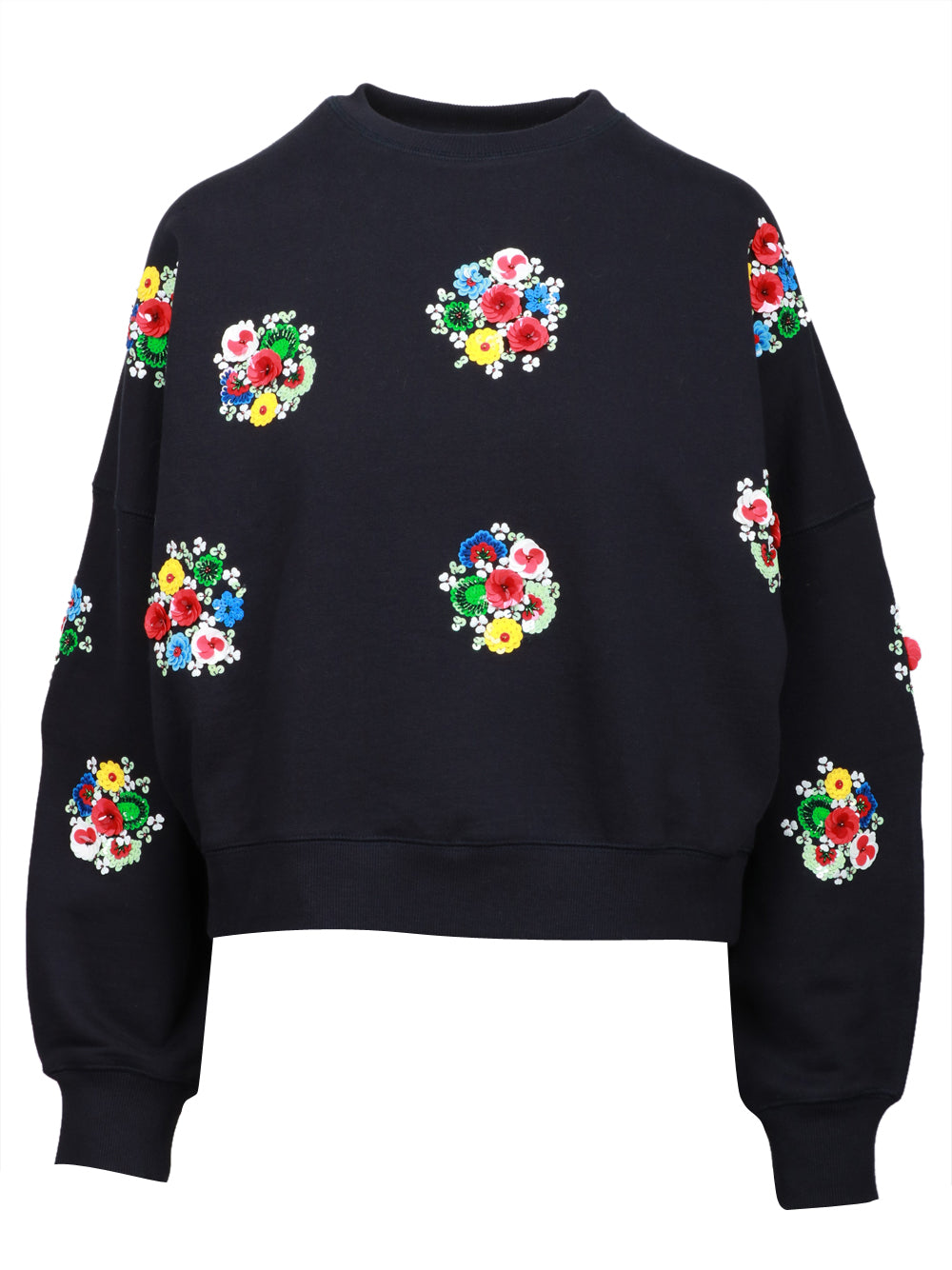 ESSENTIEL ANTWERP Felpa Itro Girocollo in Cotone Blu con Fiori Paillettes Blu+color