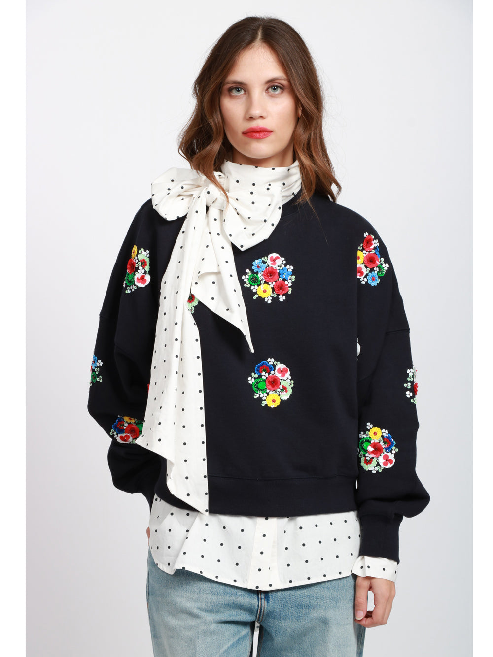 ESSENTIEL ANTWERP Felpa Itro Girocollo in Cotone Blu con Fiori Paillettes Blu+color