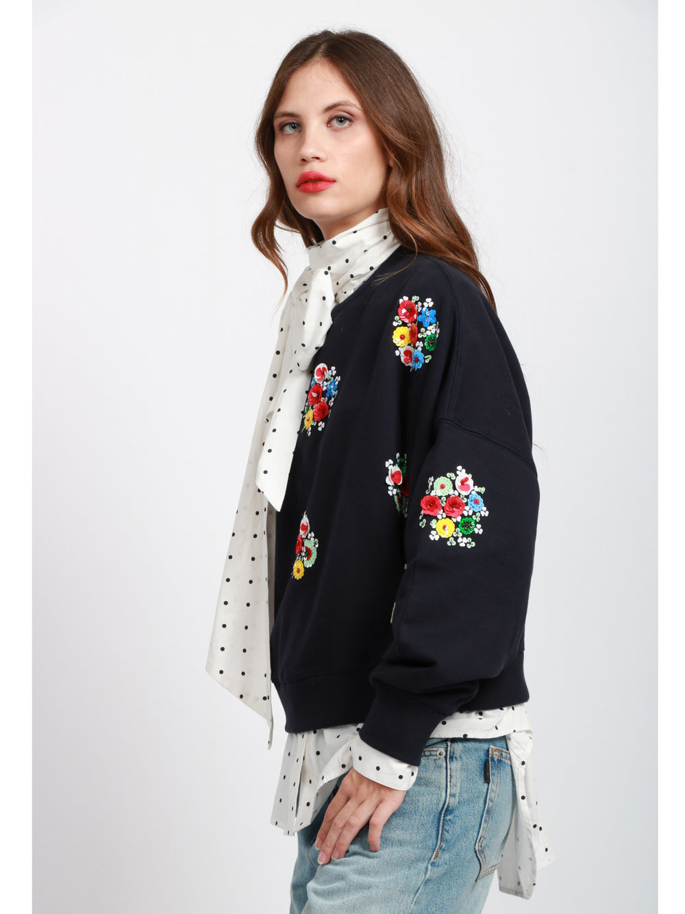 ESSENTIEL ANTWERP Felpa Itro Girocollo in Cotone Blu con Fiori Paillettes Blu+color