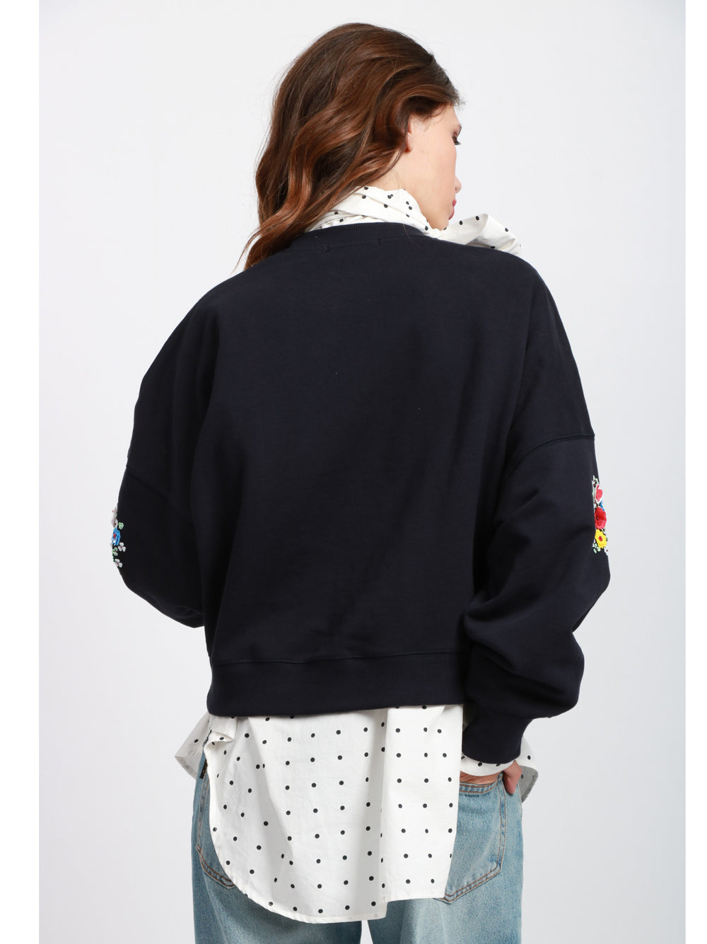 ESSENTIEL ANTWERP Felpa Itro Girocollo in Cotone Blu con Fiori Paillettes Blu+color