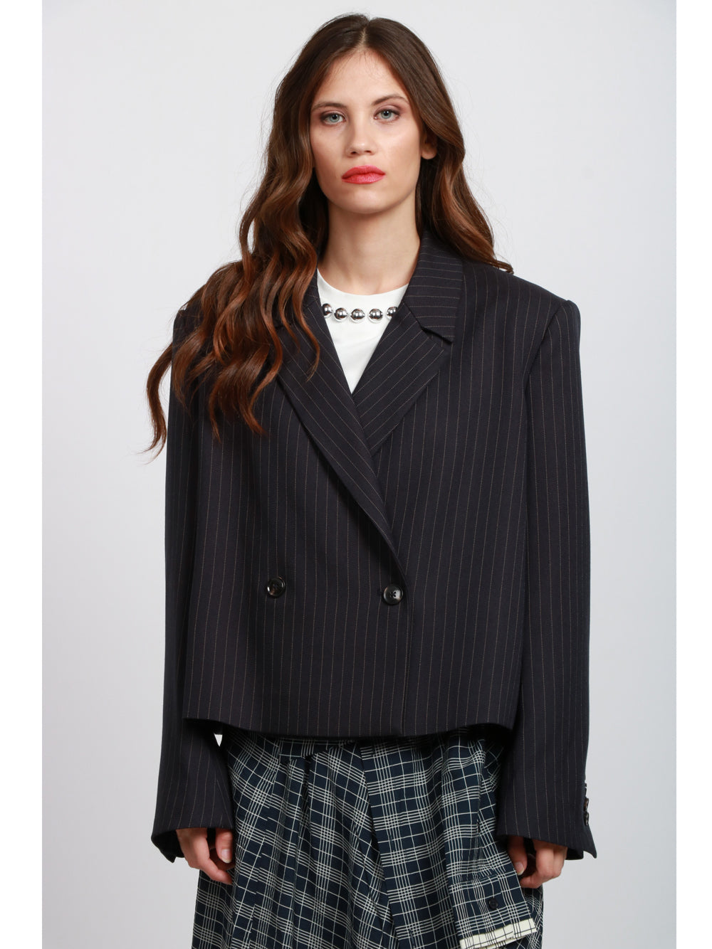 ESSENTIEL ANTWERP Giacca Itzel Spencer Doppiopetto Gessata Blu e Bianca Blu/bianco