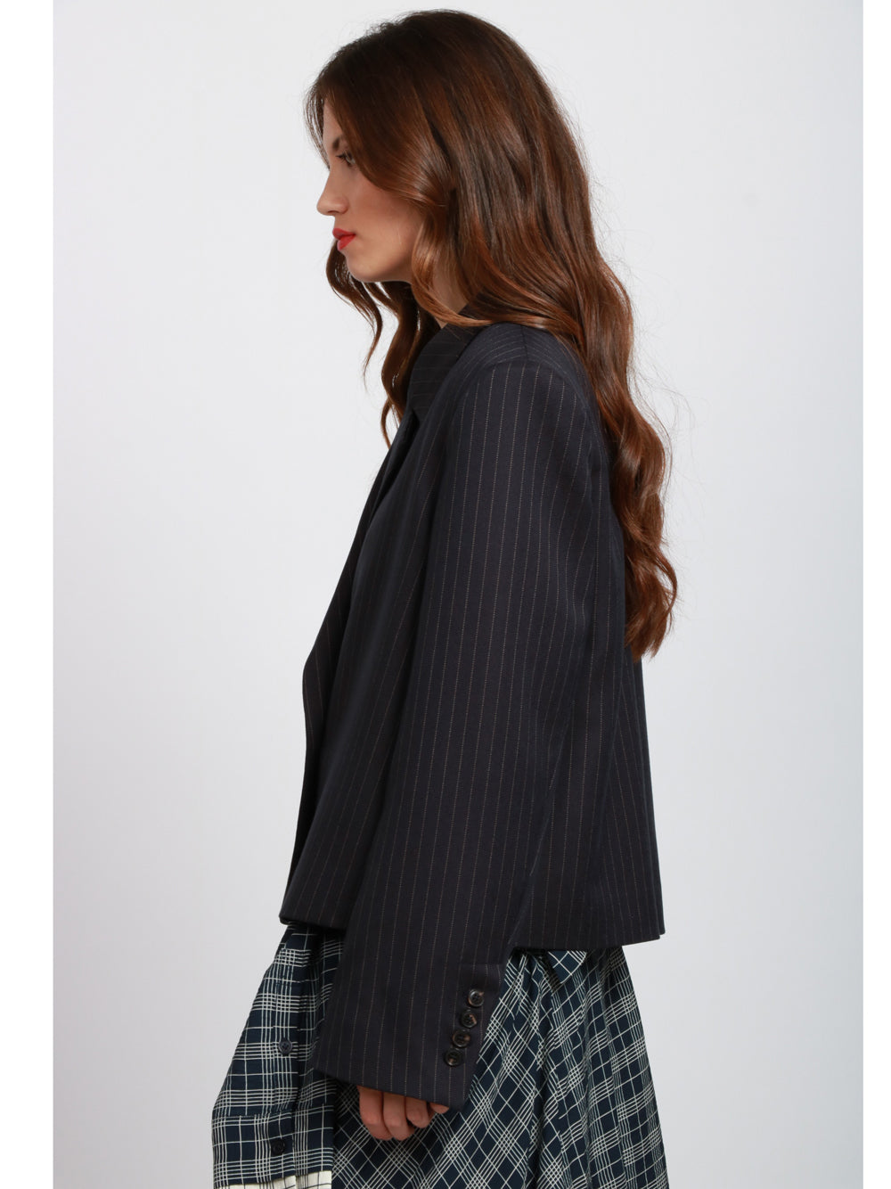 ESSENTIEL ANTWERP Giacca Itzel Spencer Doppiopetto Gessata Blu e Bianca Blu/bianco