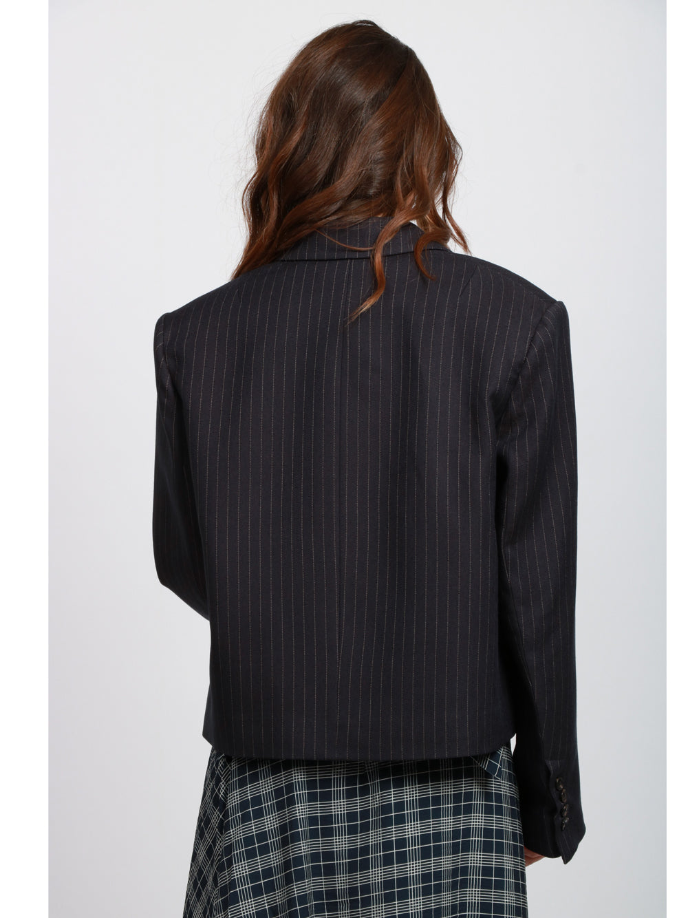 ESSENTIEL ANTWERP Giacca Itzel Spencer Doppiopetto Gessata Blu e Bianca Blu/bianco