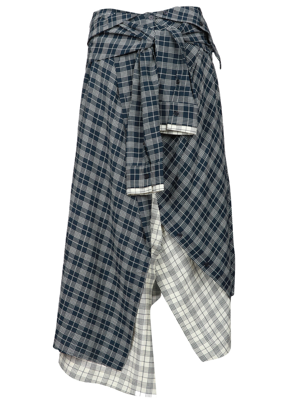 ESSENTIEL ANTWERP Gonna Ixchel Asimmetrica in Check Blu e Bianca con Maniche di Camicia Blu/avorio