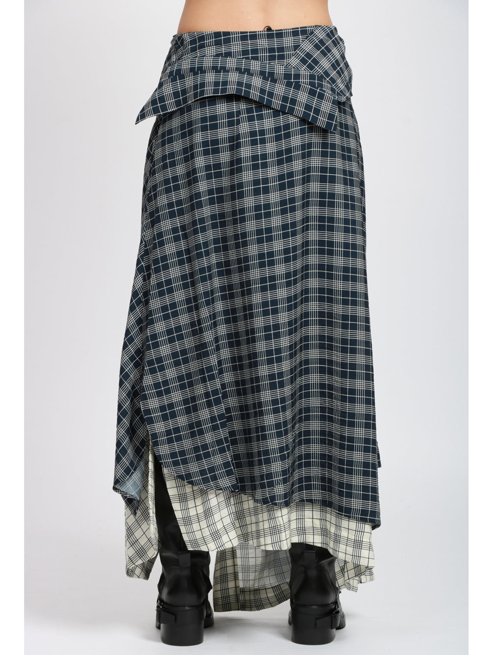 ESSENTIEL ANTWERP Gonna Ixchel Asimmetrica in Check Blu e Bianca con Maniche di Camicia Blu/avorio