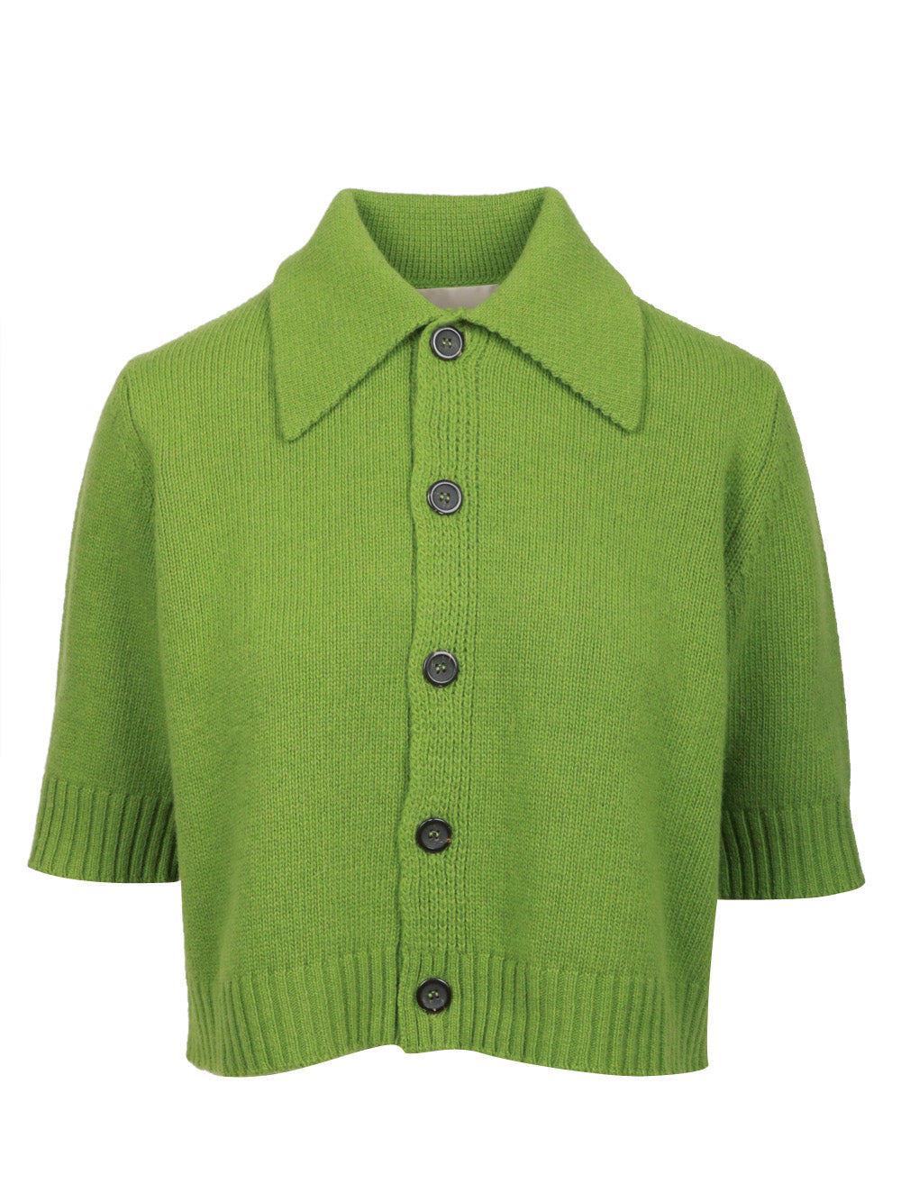 FLOOR Cardigan Polo in Lana Verde con Maniche Tre Quarti Verde