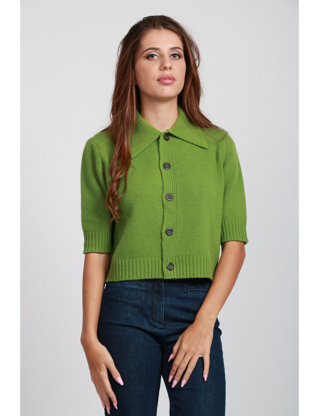 FLOOR Cardigan Polo in Lana Verde con Maniche Tre Quarti Verde