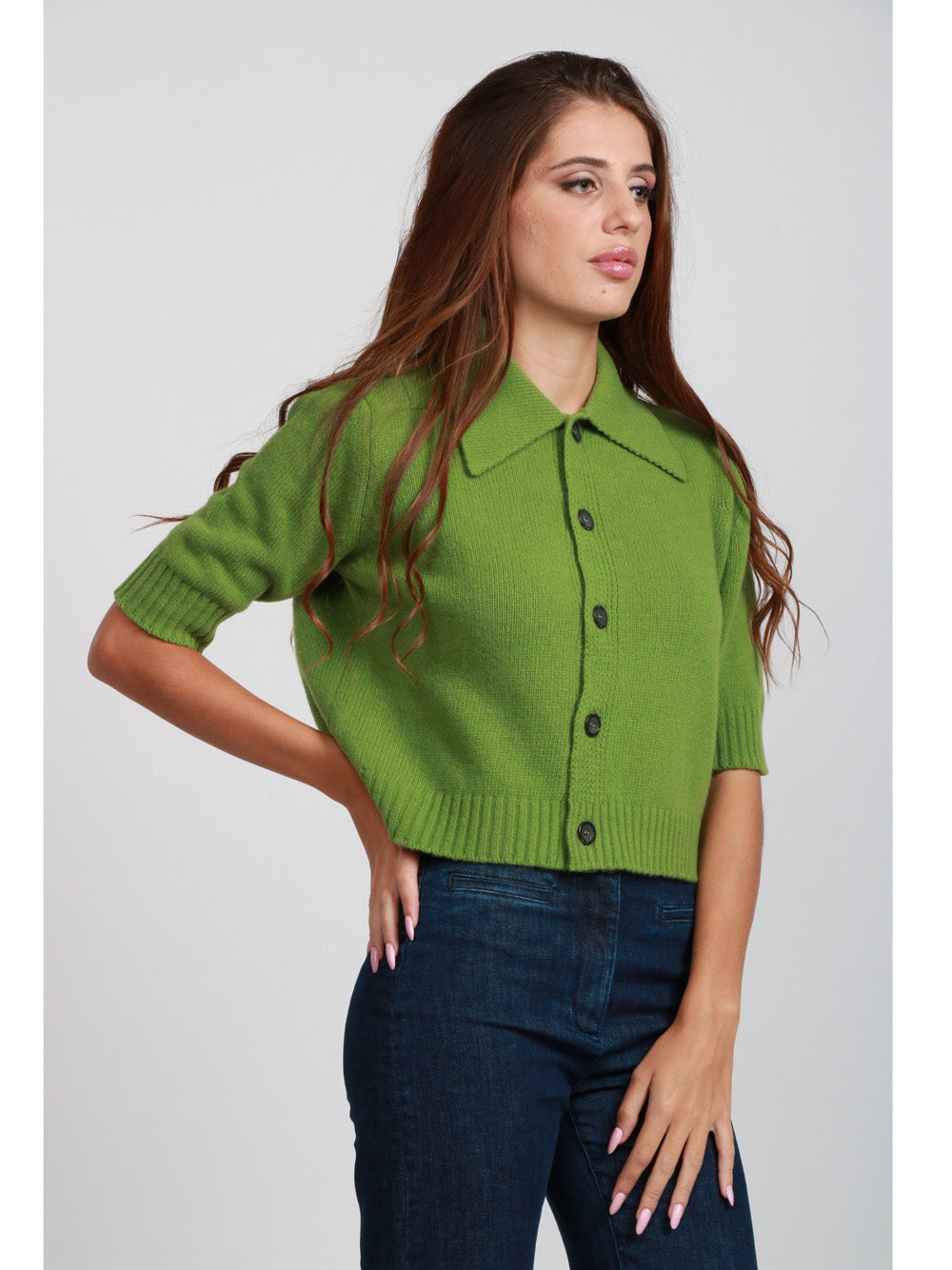 FLOOR Cardigan Polo in Lana Verde con Maniche Tre Quarti Verde
