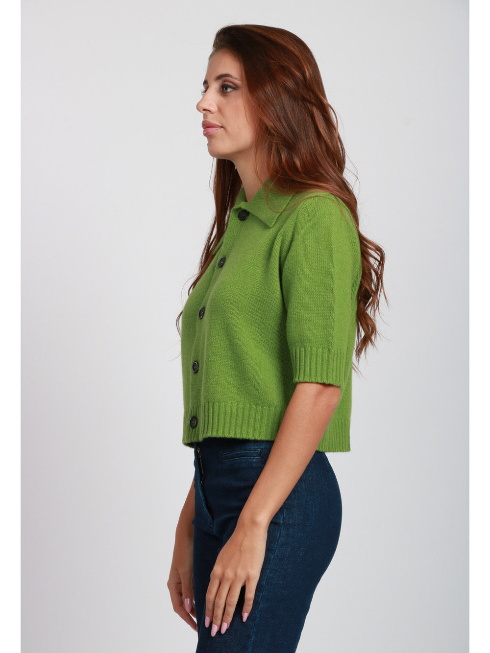 FLOOR Cardigan Polo in Lana Verde con Maniche Tre Quarti Verde