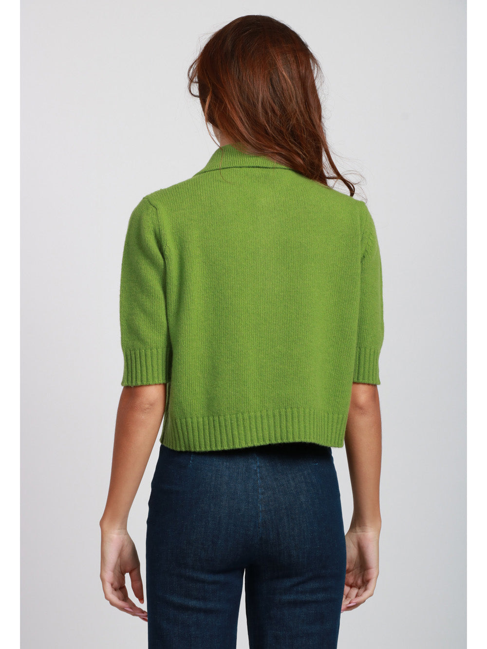 FLOOR Cardigan Polo in Lana Verde con Maniche Tre Quarti Verde