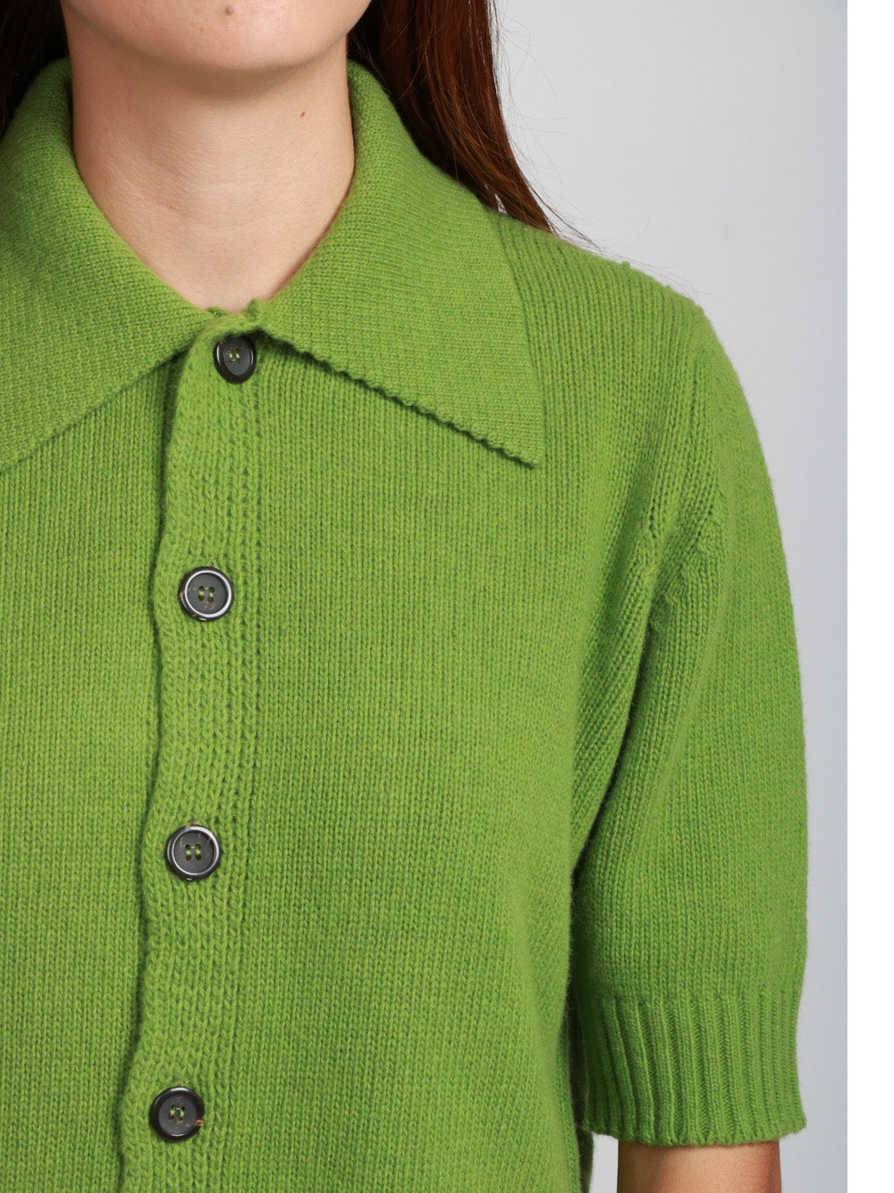 FLOOR Cardigan Polo in Lana Verde con Maniche Tre Quarti Verde