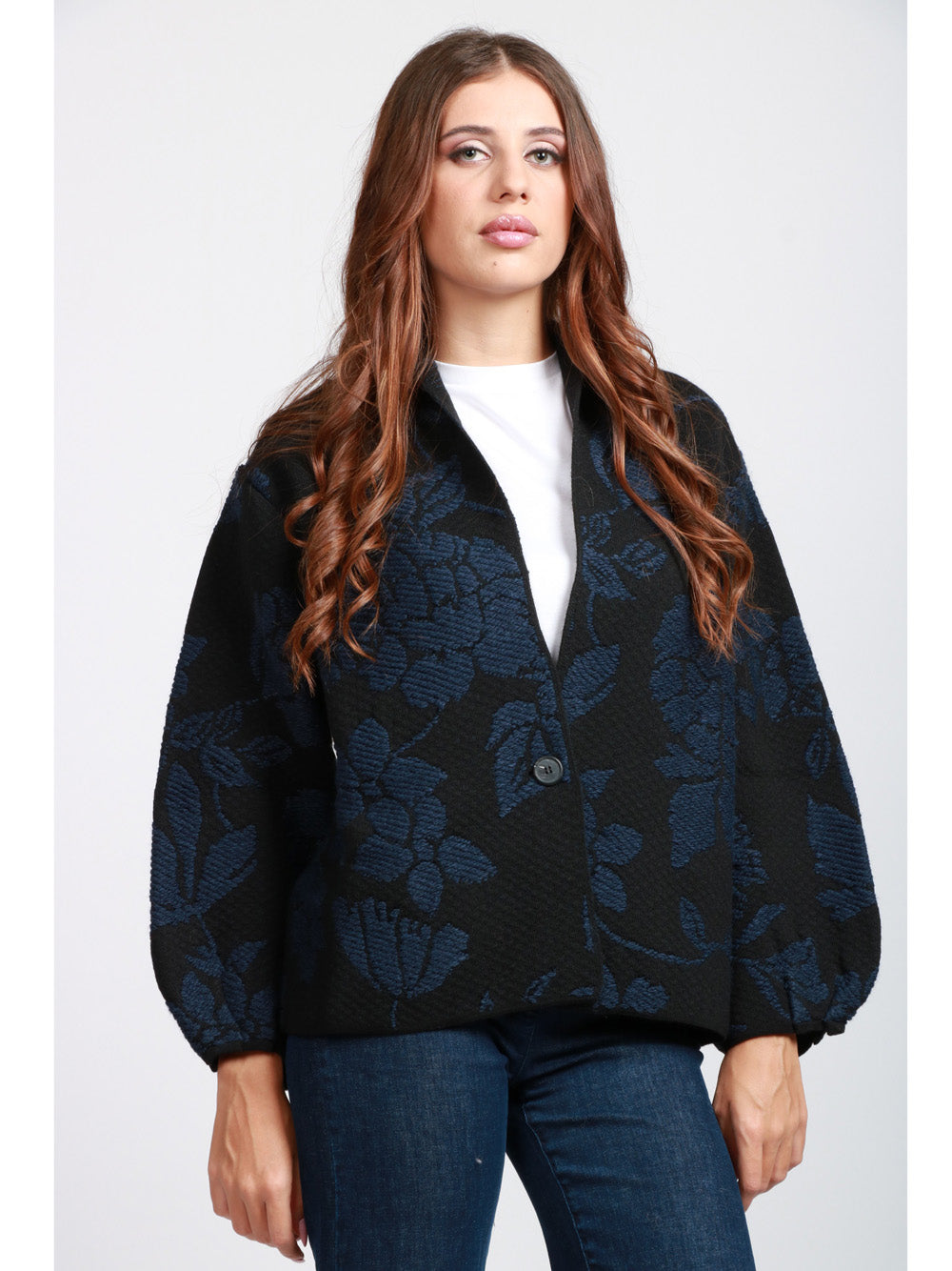 FLOOR Cardigan in Misto Alpaca e Lana Nero con Jacquard Blu Nero blu