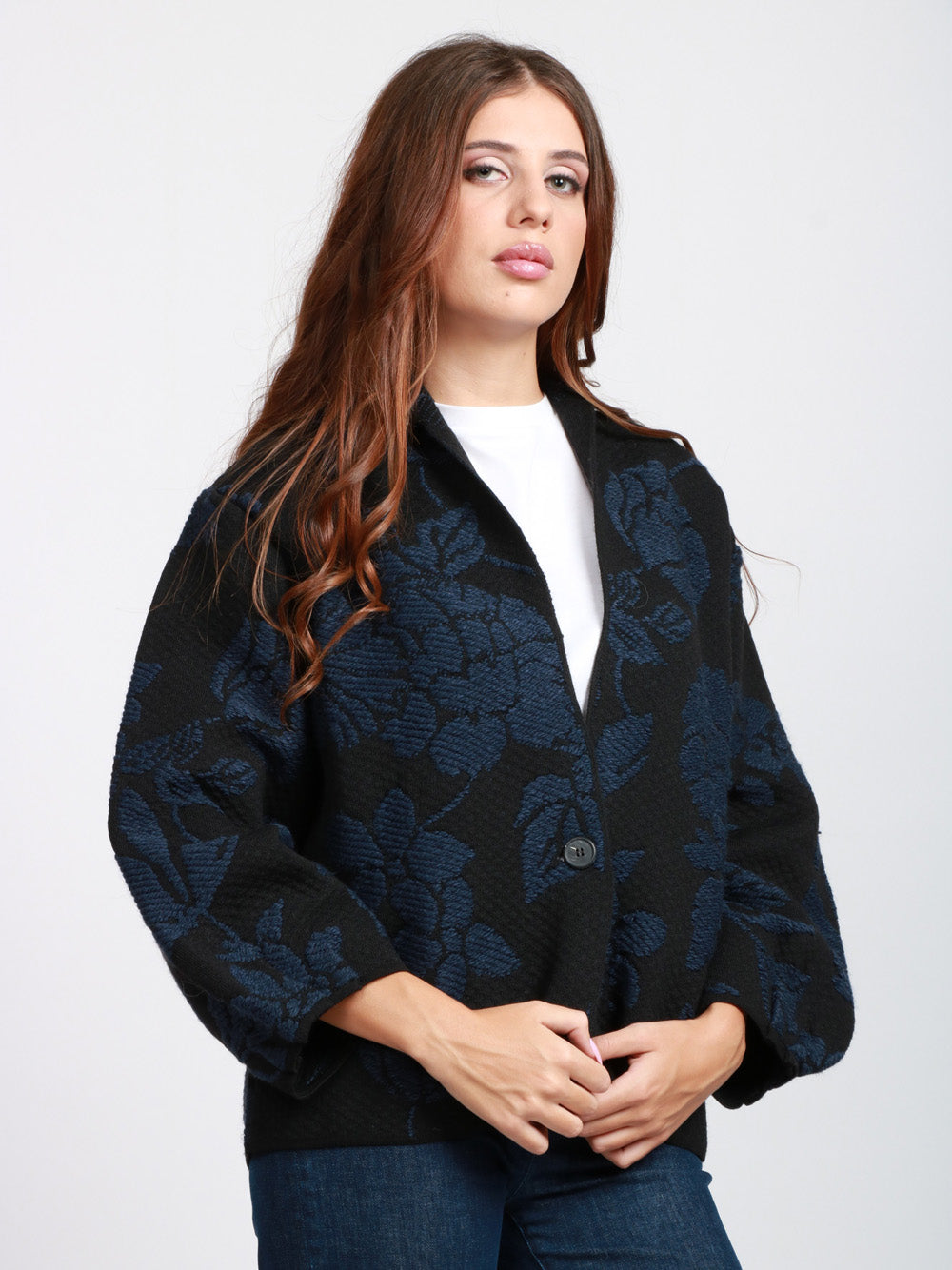 FLOOR Cardigan in Misto Alpaca e Lana Nero con Jacquard Blu Nero blu