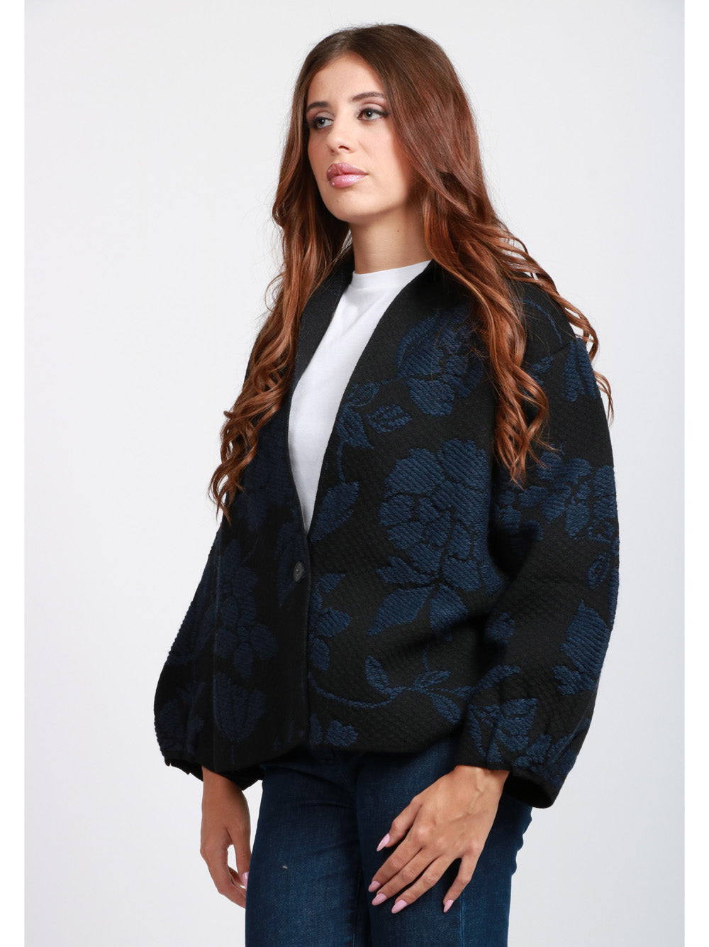 FLOOR Cardigan in Misto Alpaca e Lana Nero con Jacquard Blu Nero blu