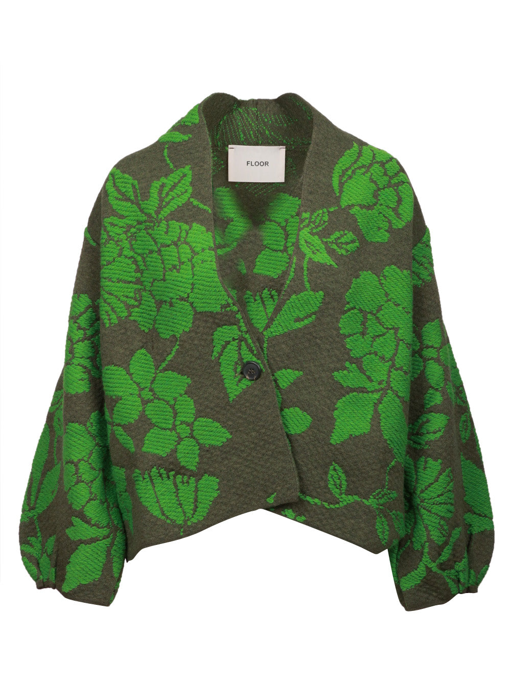 FLOOR Cardigan in Misto Alpaca e Lana Verde con Jacquard Floreale Verde