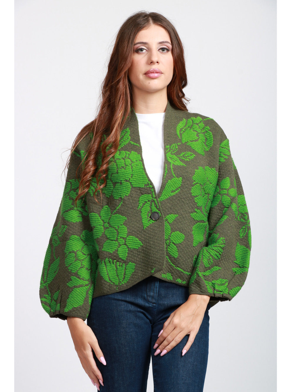 FLOOR Cardigan in Misto Alpaca e Lana Verde con Jacquard Floreale Verde