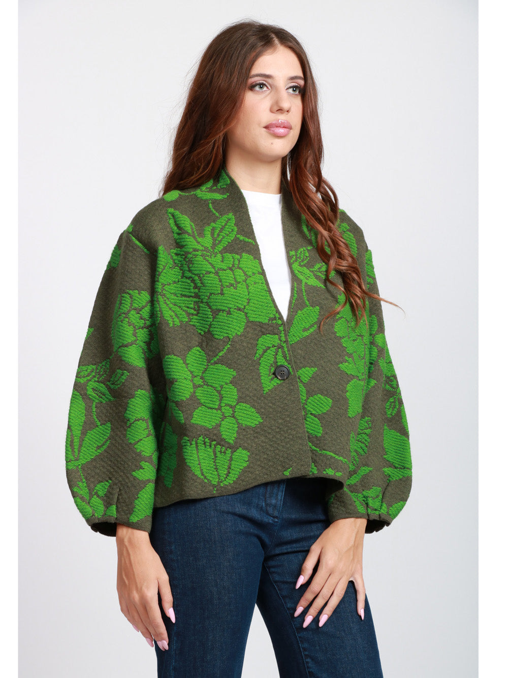 FLOOR Cardigan in Misto Alpaca e Lana Verde con Jacquard Floreale Verde