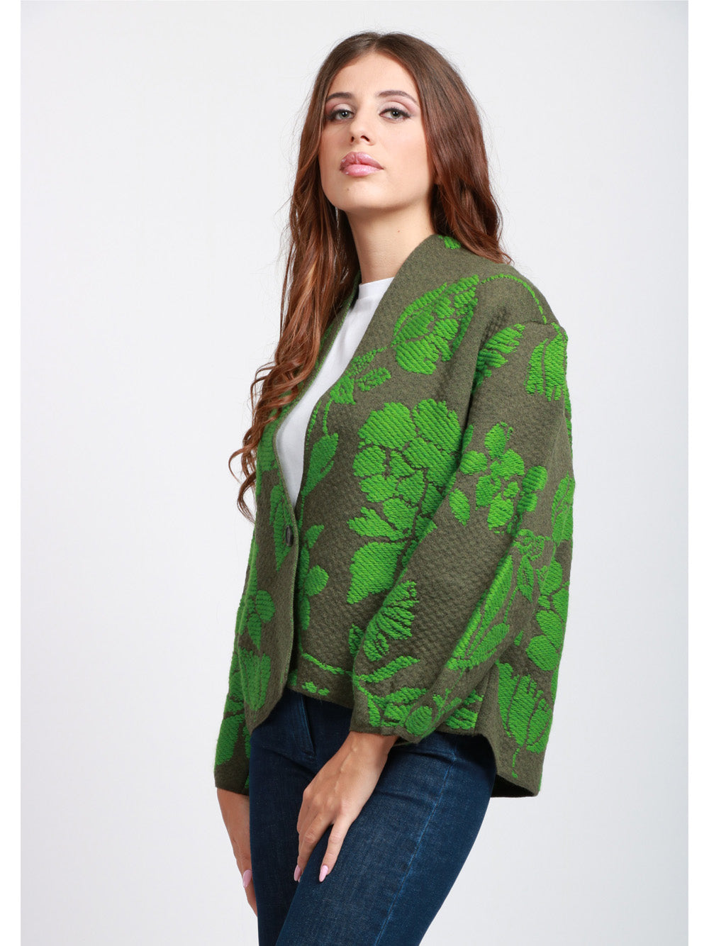 FLOOR Cardigan in Misto Alpaca e Lana Verde con Jacquard Floreale Verde