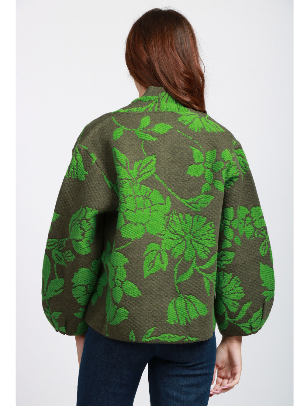 FLOOR Cardigan in Misto Alpaca e Lana Verde con Jacquard Floreale Verde