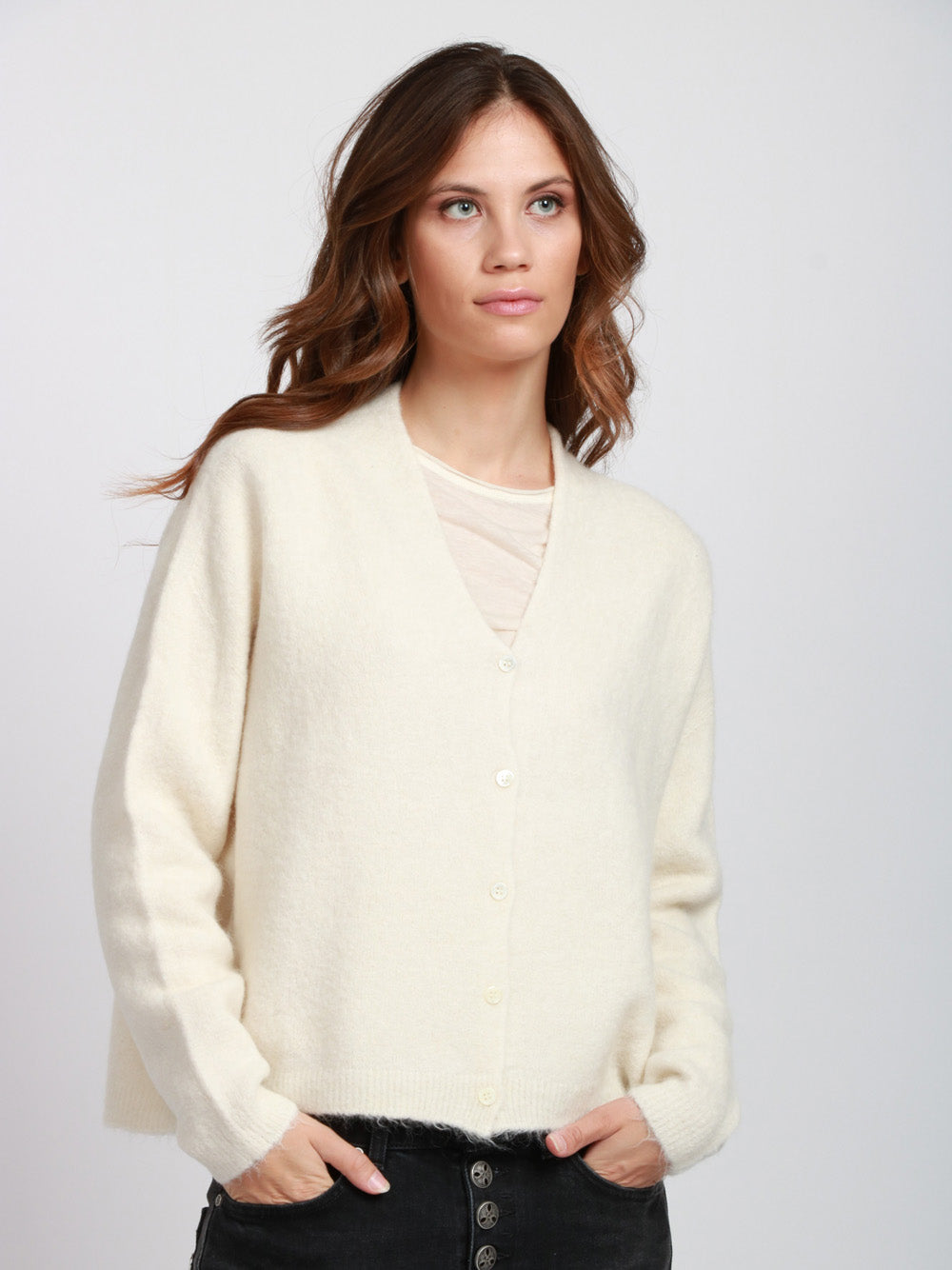 FLOOR Cardigan in Misto Alpaca Avorio con Scollo a V Avorio