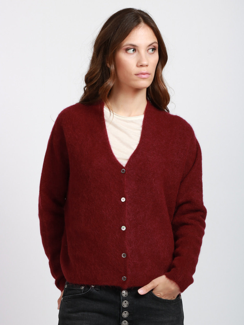 FLOOR Cardigan in Misto Alpaca Bordeaux con Scollo a V Bordeaux