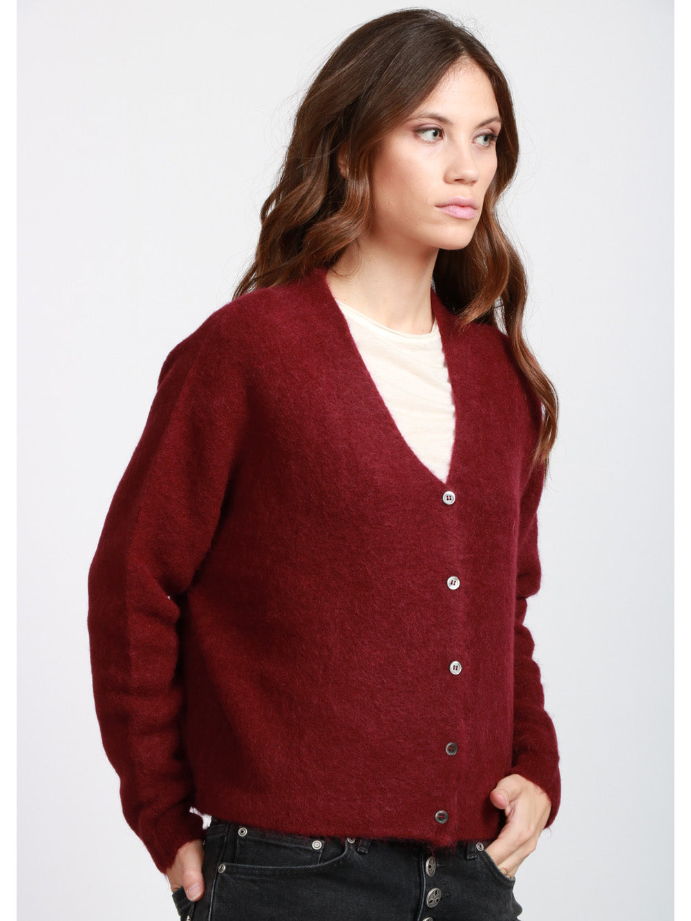 FLOOR Cardigan in Misto Alpaca Bordeaux con Scollo a V Bordeaux