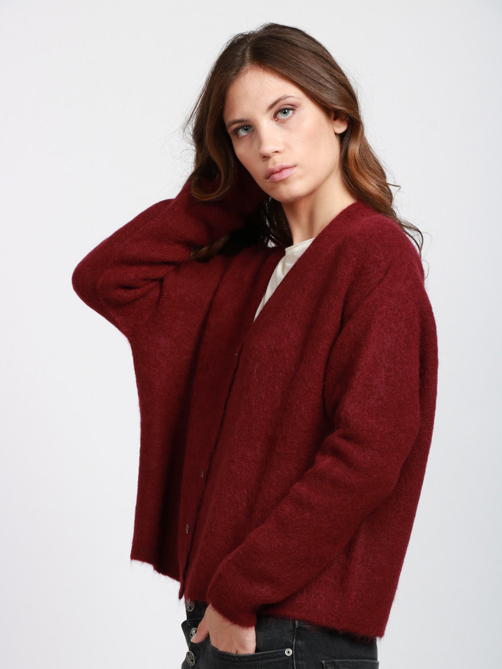 FLOOR Cardigan in Misto Alpaca Bordeaux con Scollo a V Bordeaux