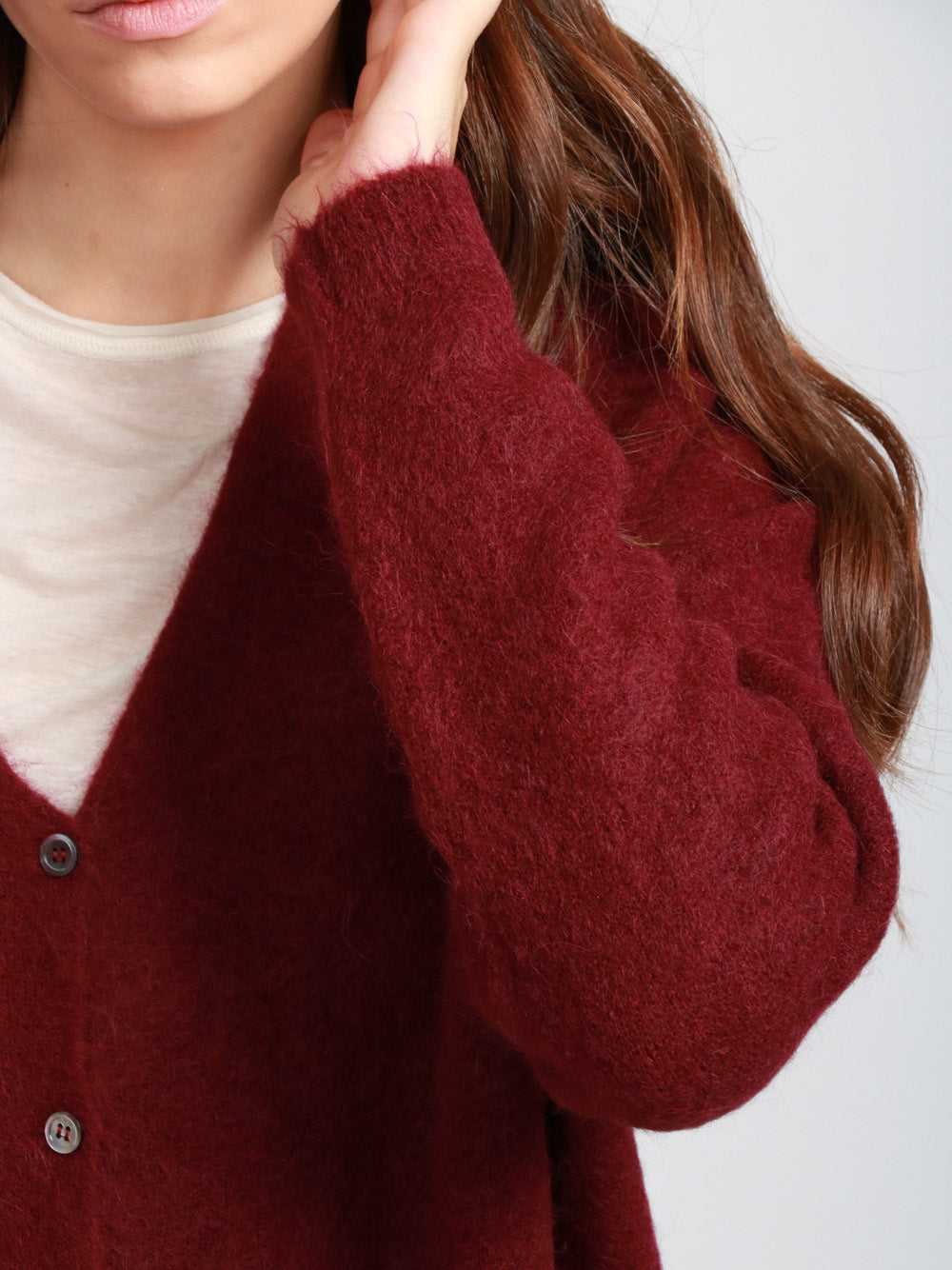 FLOOR Cardigan in Misto Alpaca Bordeaux con Scollo a V Bordeaux