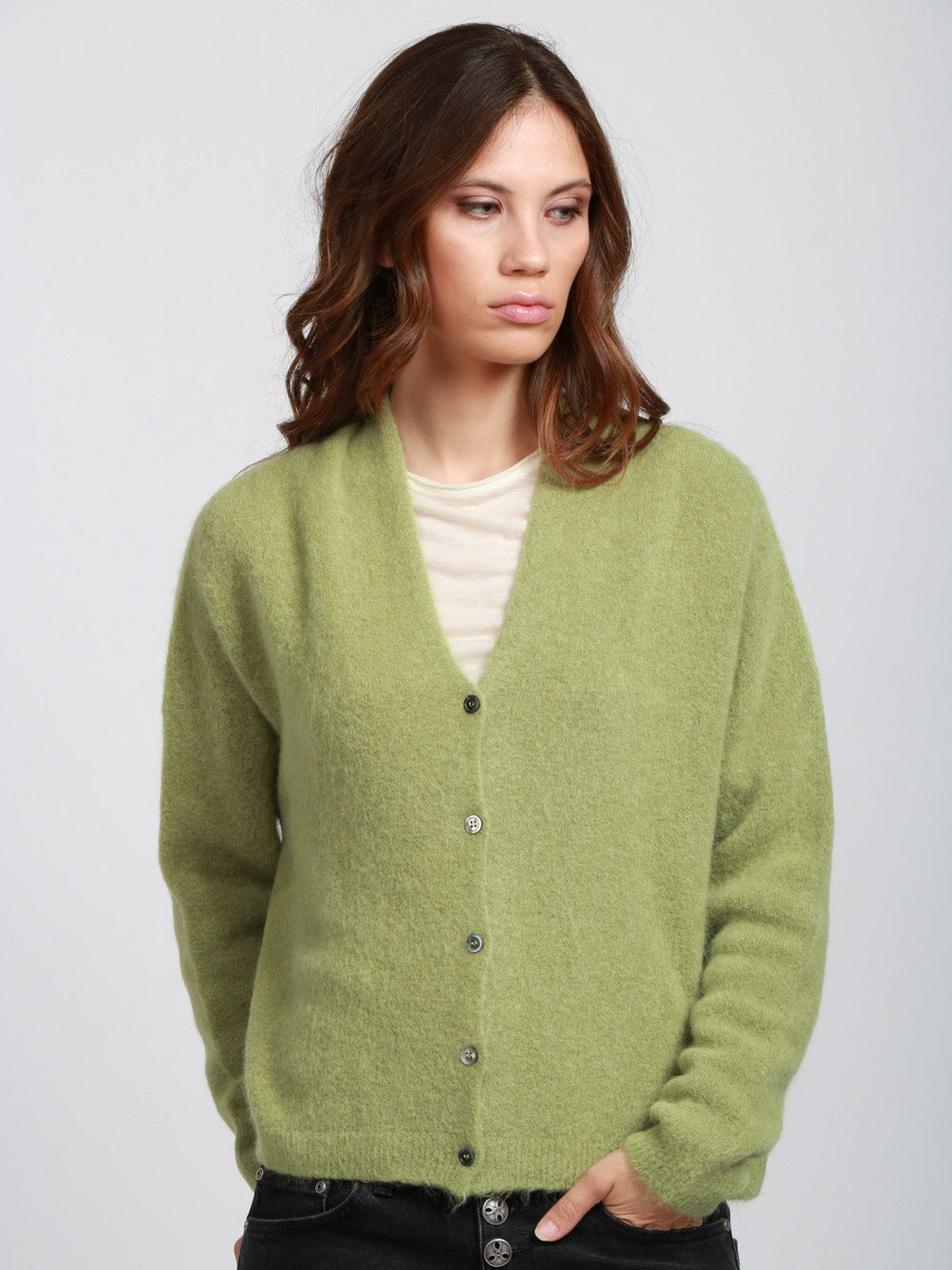 FLOOR Cardigan in Misto Alpaca Verde con Scollo a V Verde mela