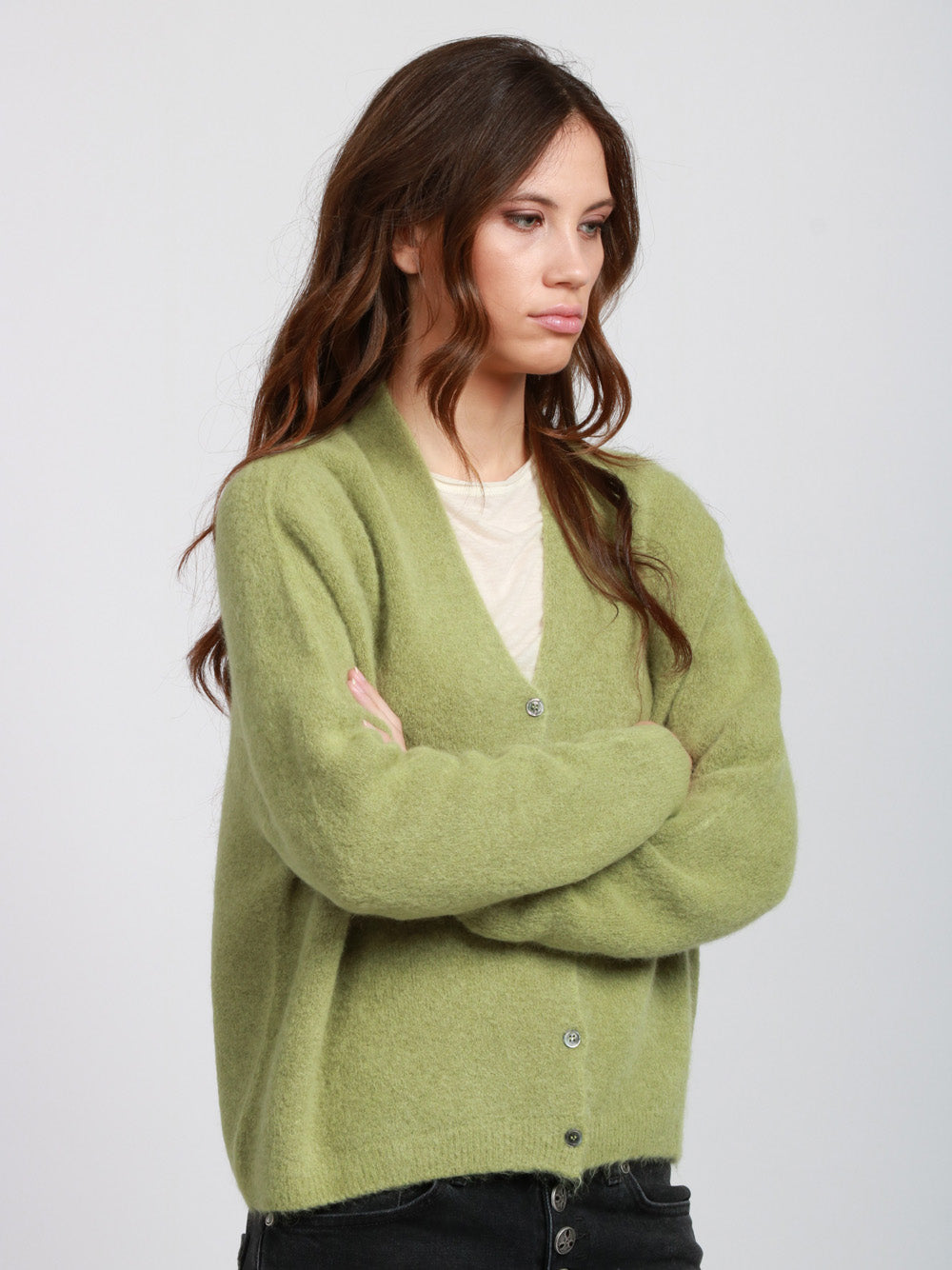 FLOOR Cardigan in Misto Alpaca Verde con Scollo a V Verde mela