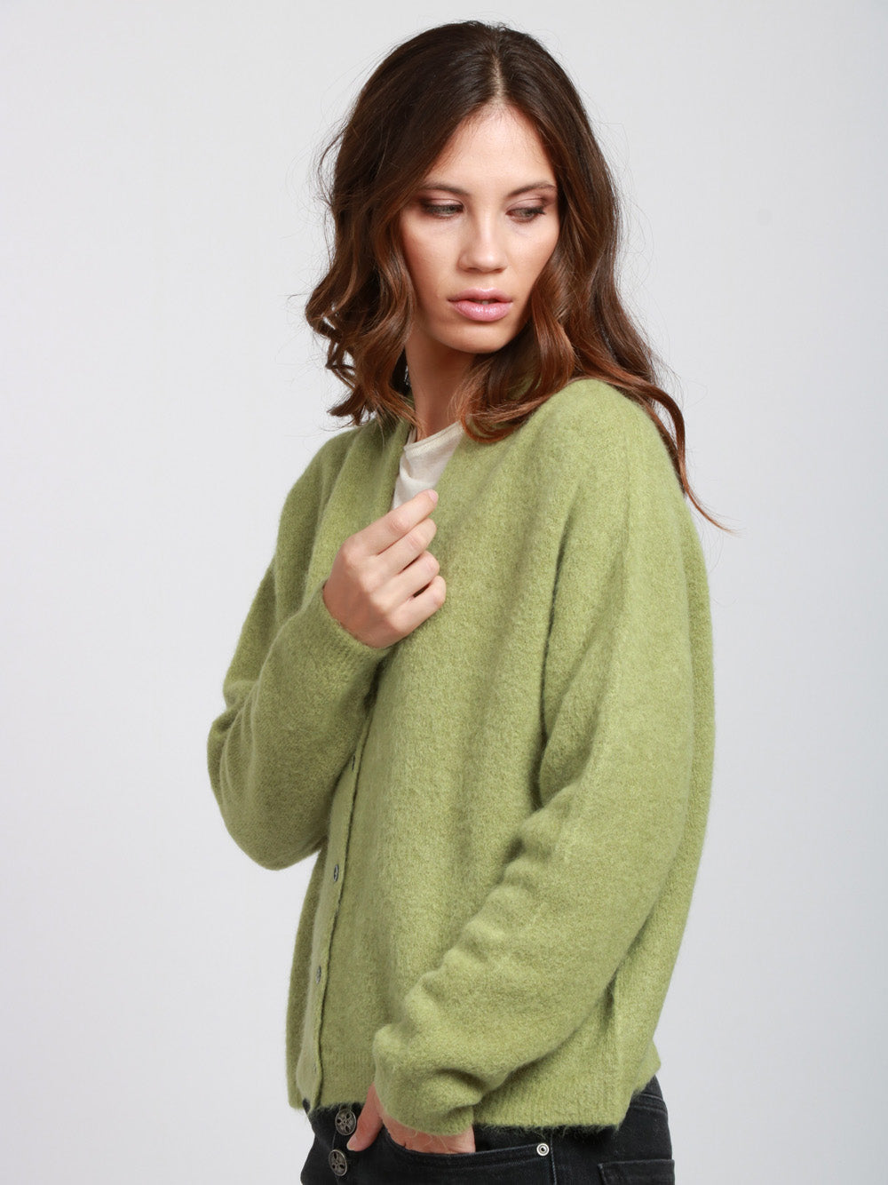 FLOOR Cardigan in Misto Alpaca Verde con Scollo a V Verde mela