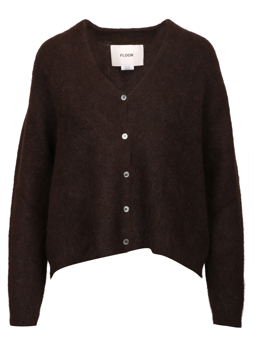 FLOOR Cardigan in Misto Alpaca Nero con Scollo a V Marrone