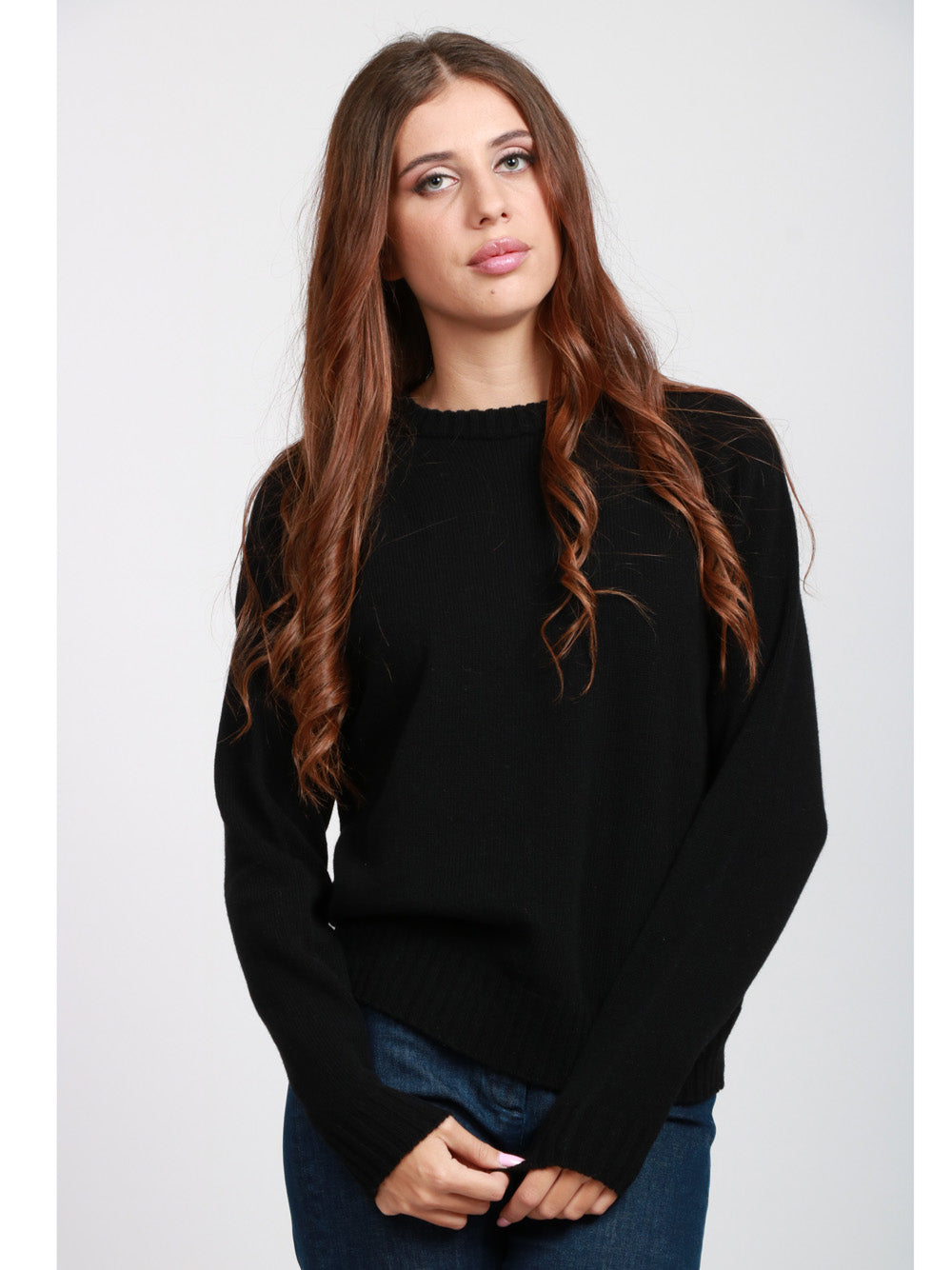 FLOOR Maglia Girocollo in Misto Cashmere e Lana Nera Nero