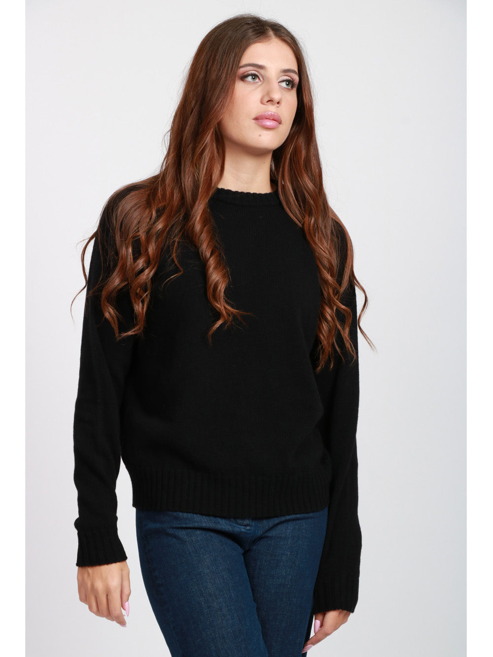 FLOOR Maglia Girocollo in Misto Cashmere e Lana Nera Nero