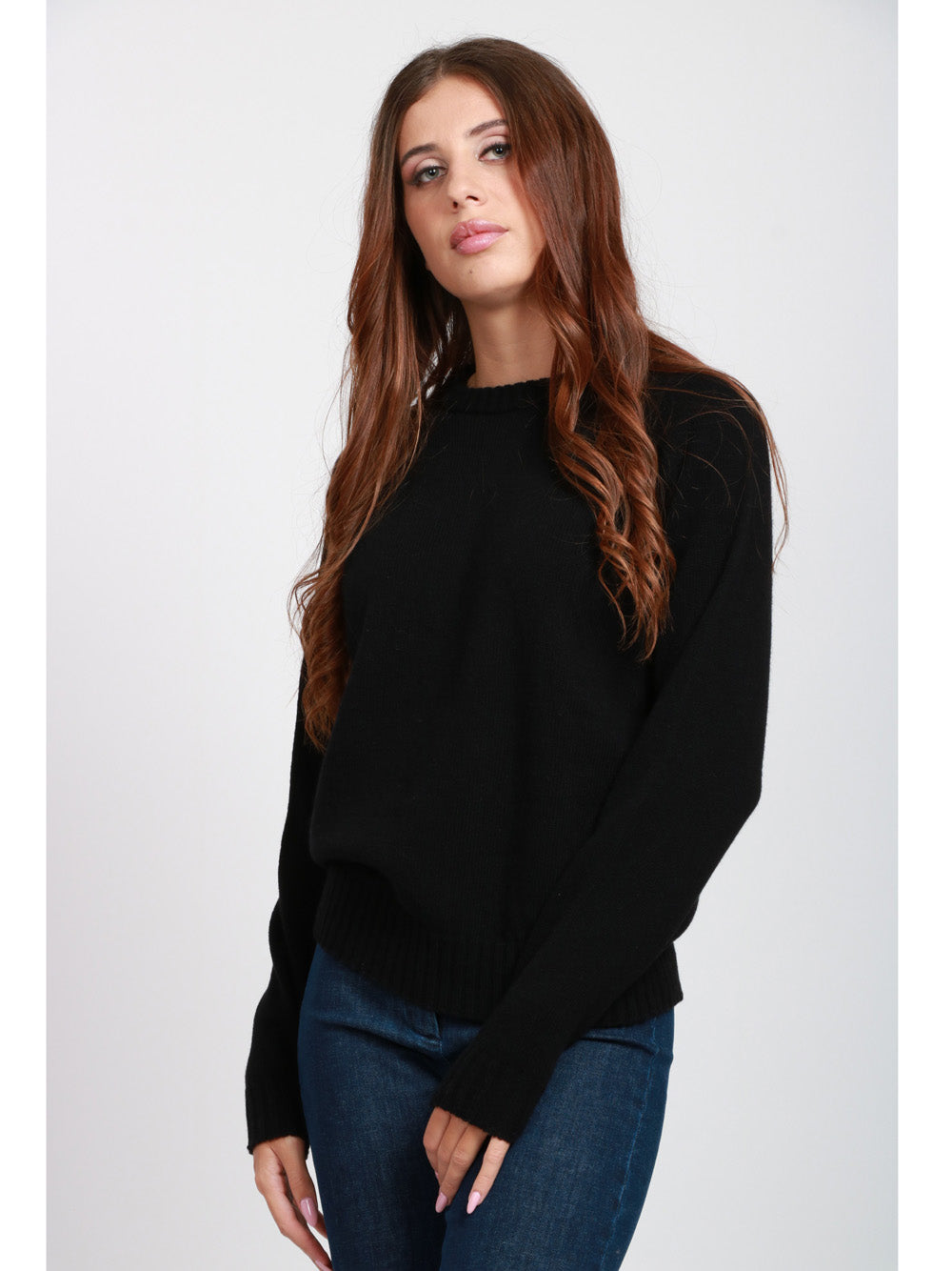 FLOOR Maglia Girocollo in Misto Cashmere e Lana Nera Nero