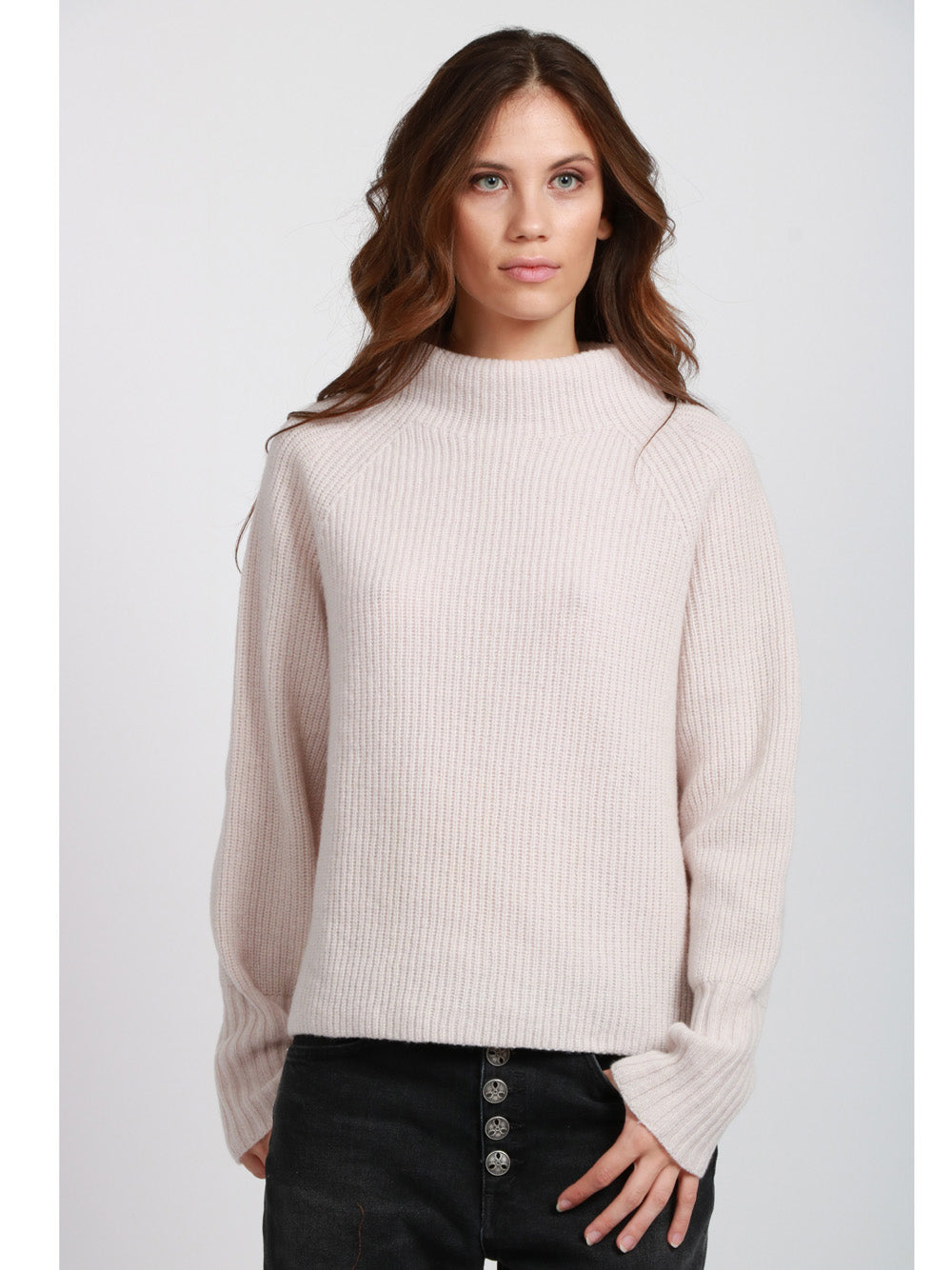 FLOOR Maglia a Costine in Lana Merino Avorio con Collo a Cratere Avorio