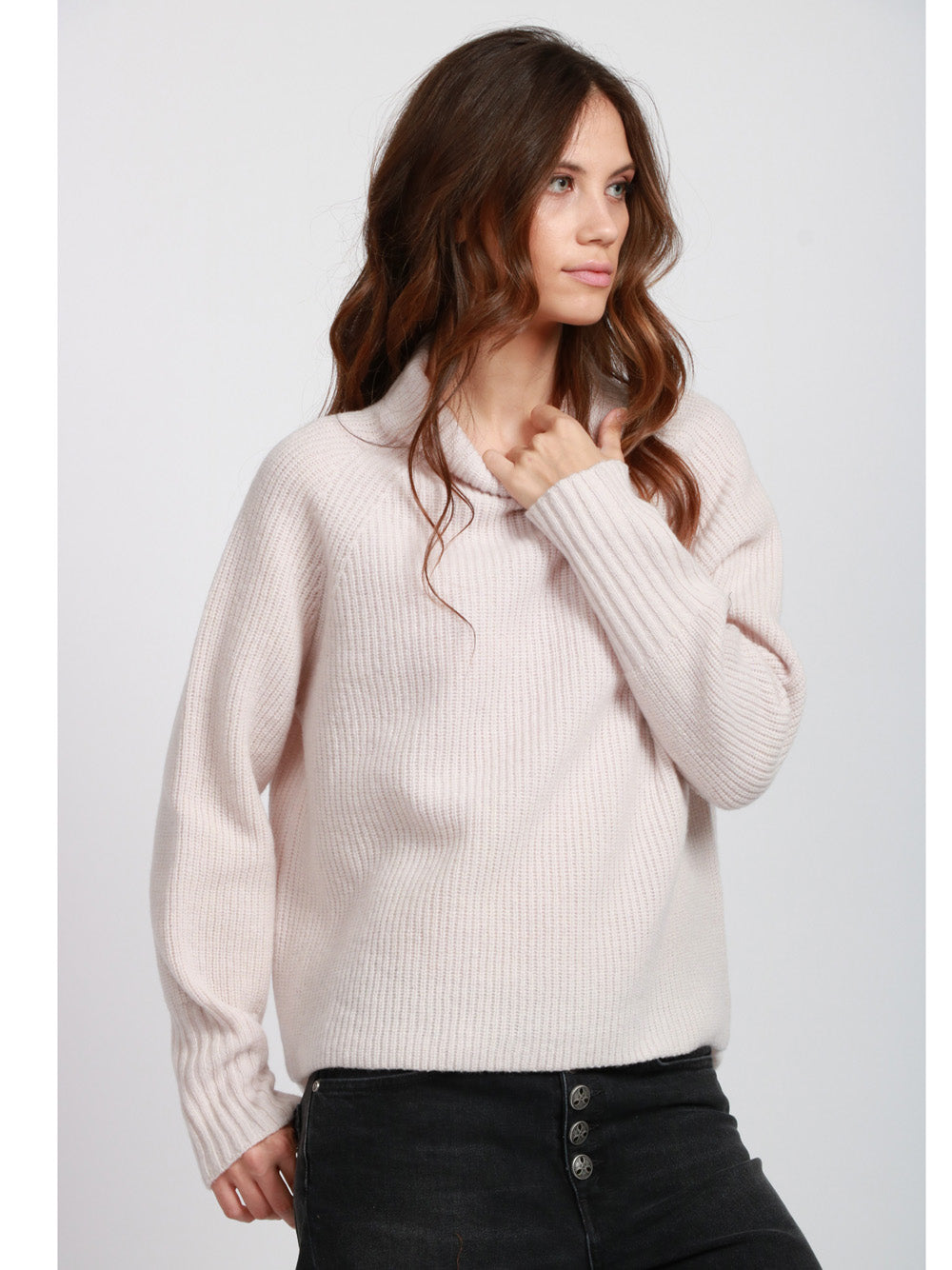 FLOOR Maglia a Costine in Lana Merino Avorio con Collo a Cratere Avorio
