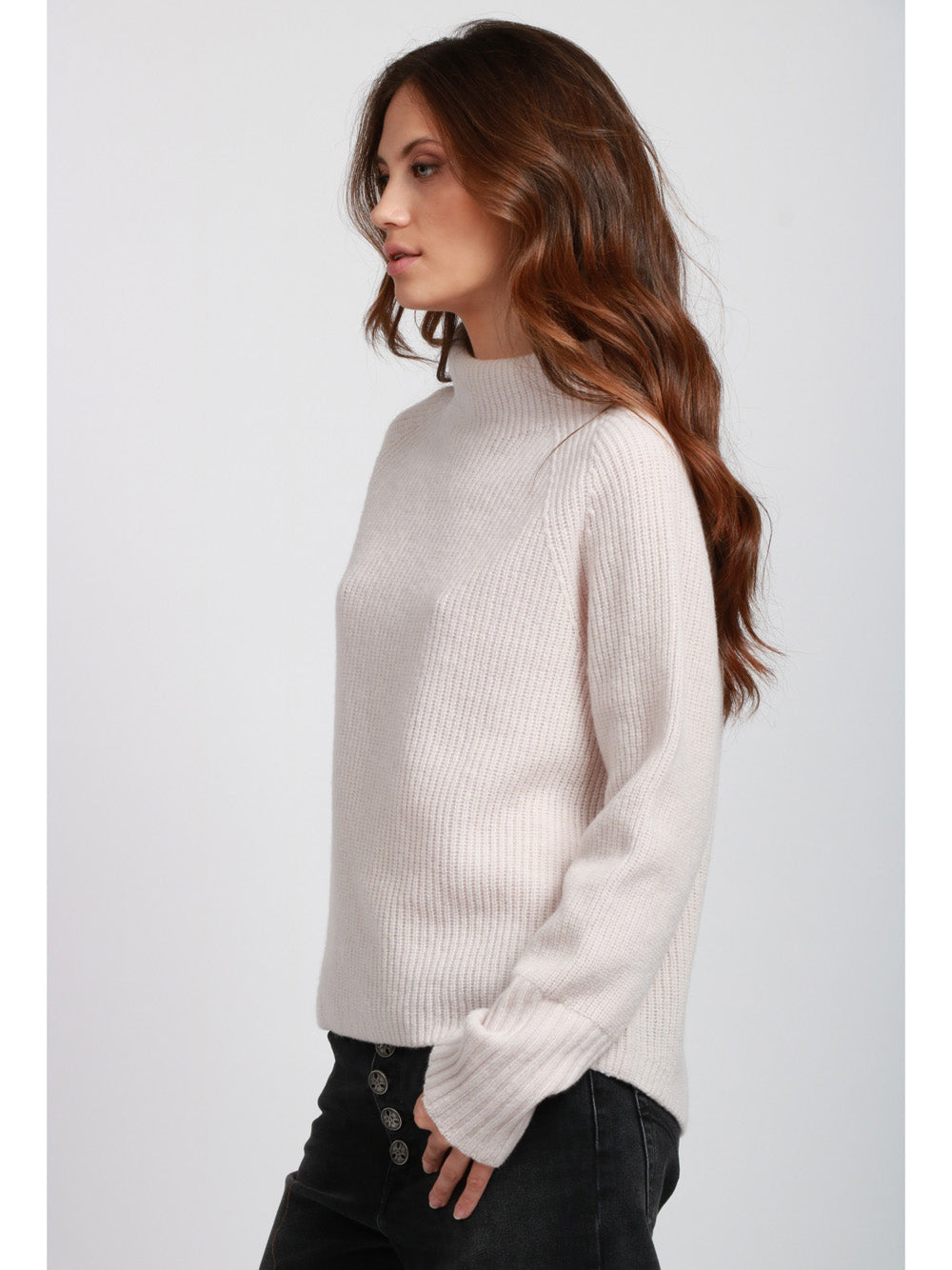 FLOOR Maglia a Costine in Lana Merino Avorio con Collo a Cratere Avorio