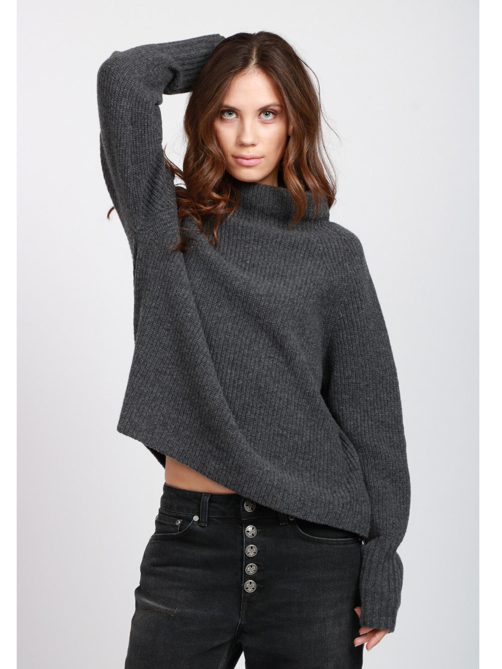 FLOOR Maglia a Costine in Lana Merino Grigia con Collo a Cratere Grigio