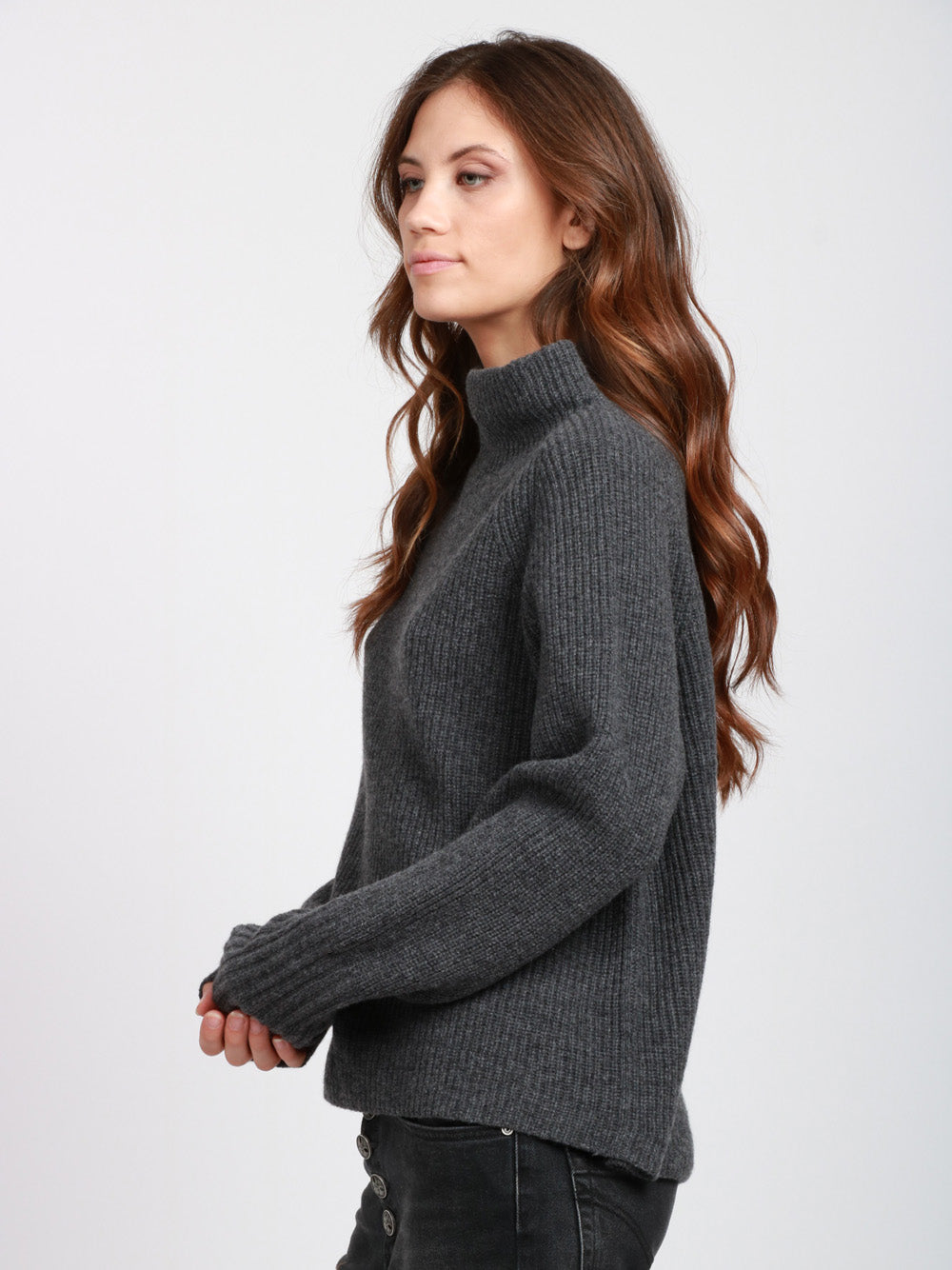 FLOOR Maglia a Costine in Lana Merino Grigia con Collo a Cratere Grigio