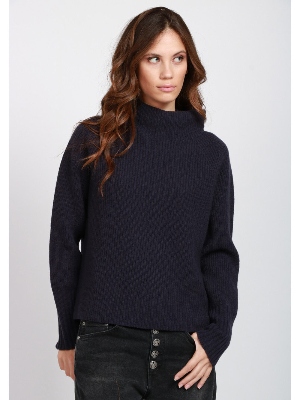 FLOOR Maglia a Costine in Lana Merino Blu con Collo a Cratere Blu