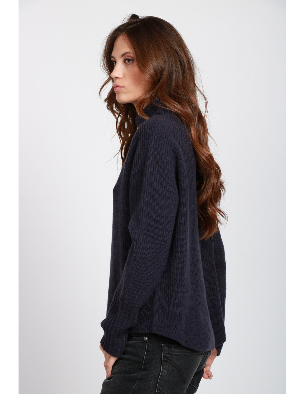 FLOOR Maglia a Costine in Lana Merino Blu con Collo a Cratere Blu