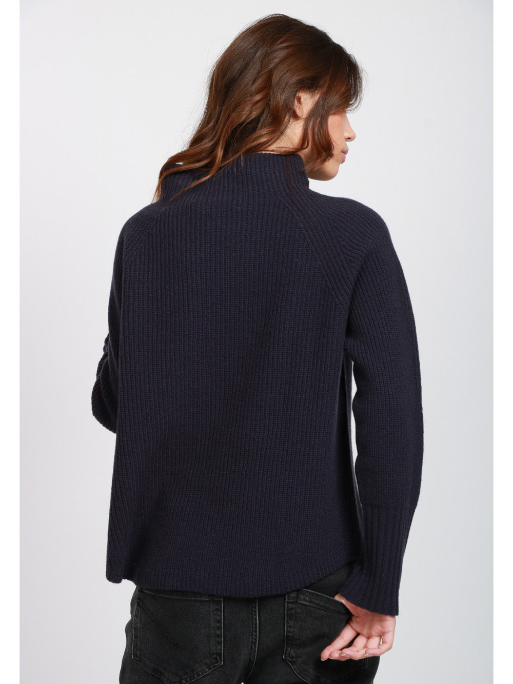 FLOOR Maglia a Costine in Lana Merino Blu con Collo a Cratere Blu