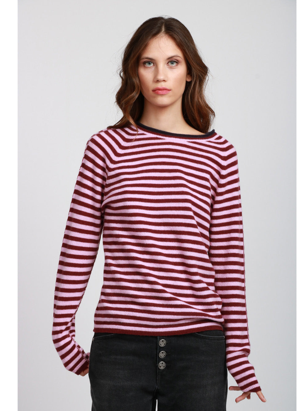 FLOOR Maglia Girocollo in Lana Merinos a Righe Bordeaux Rosa Bordeaux/rosa