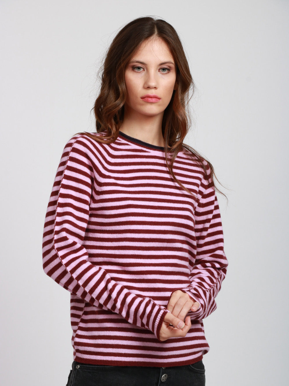 FLOOR Maglia Girocollo in Lana Merinos a Righe Bordeaux Rosa Bordeaux/rosa